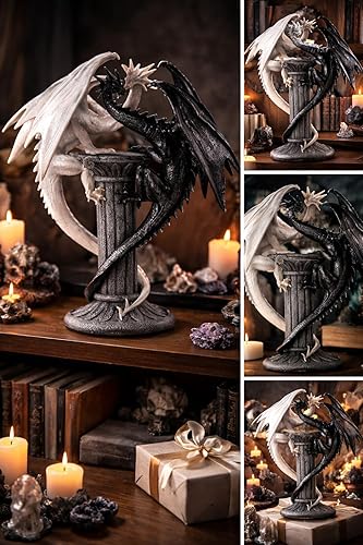 Miniatura 4 de ICE Armor Estatua medieval de dragones blancos y negros de 19.5 pulgadas de alto, escultura grande, dragones gemelos en columna en blanco y negro,