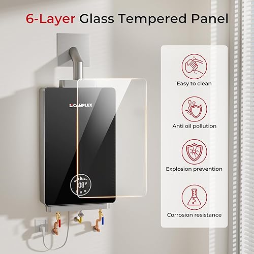 Vista 3 de CAMPLUX - Calentador de agua sin tanque de propano, calentador de agua caliente instantáneo, 3.18 GPM bajo demanda, propano, interior, color negro