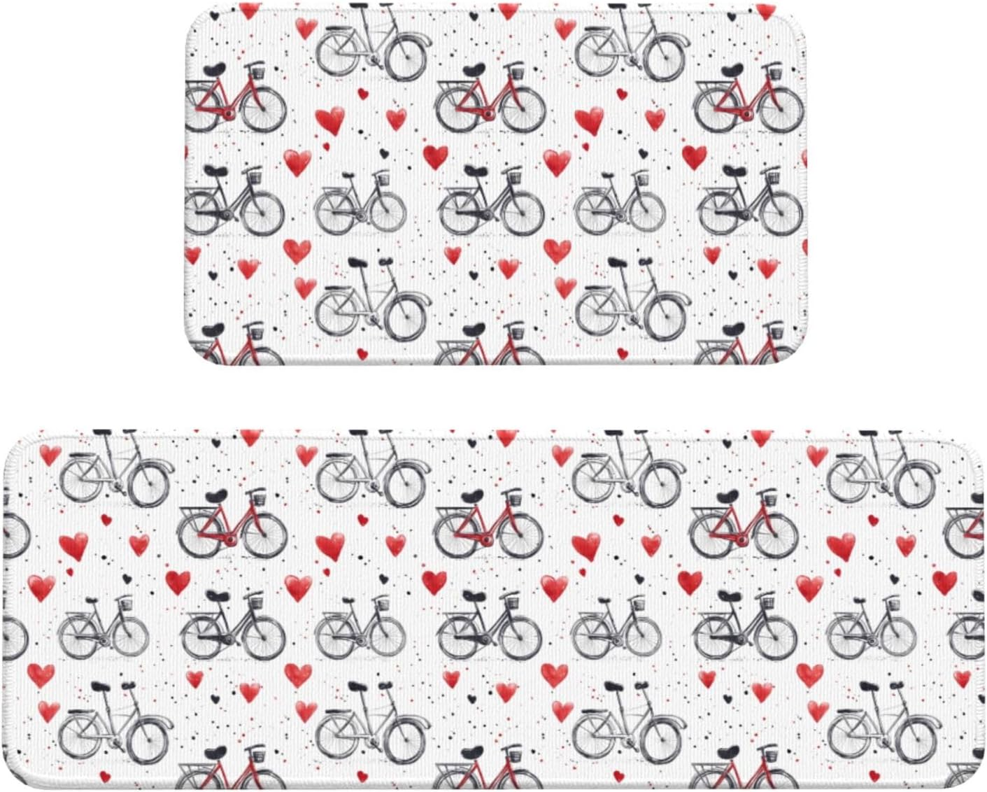 Love Bicycle Print Kitchen Rugs Sets of 2 Non Slip Washable, Anti Fatigue Kitchen Mats for Floor, Home Decor