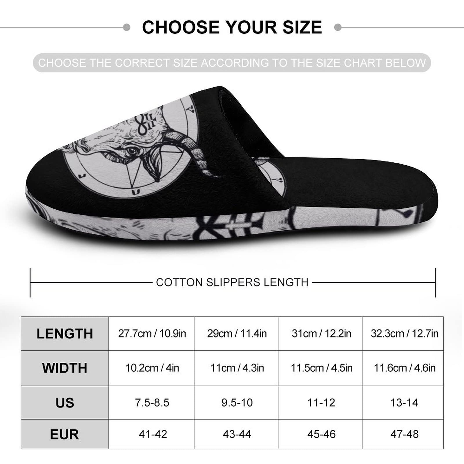 Baphomet Satanic Goat Head Men's Cotton Slippers Washable Slip-on Warm House Shoses with Rubber Sole 45-46_?11-12?