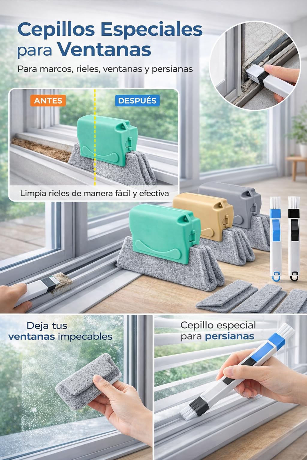 Pack Cepillos Limpieza Hogar Limpia Ventanas | Cepillo Limpieza Hogar y Cepillo de Limpieza para Rieles | Cepillo Juntas, Cepillo para Limpiar Juntas | Limpia radiadores, Persianas y Ranuras Difíciles — view 6