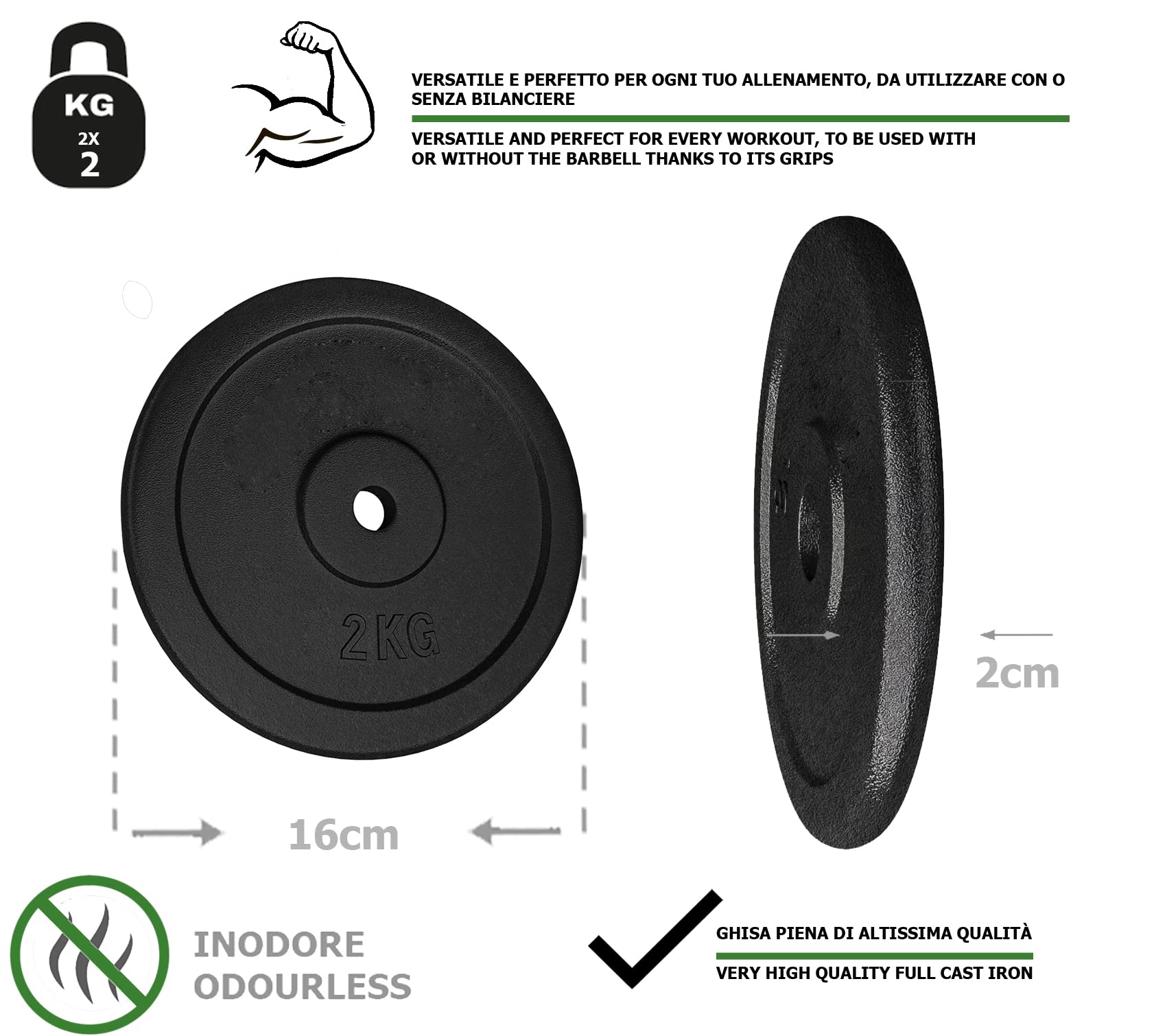 Discos de hierro fundido G5 HT SPORT Ø orificio 25 mm, para gimnasio y gimnasio en casa, de 0,5 a 20 kg para mancuernas y pesas