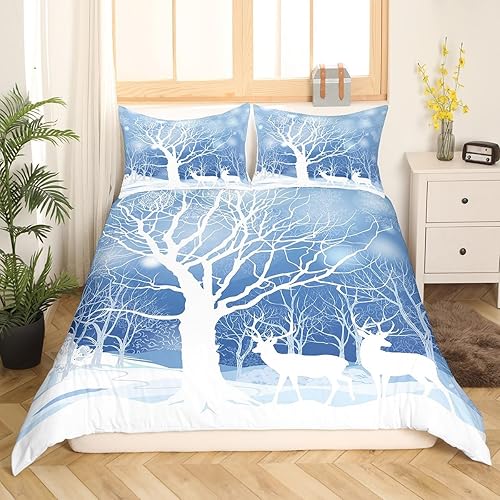 Erosebridal Juego de ropa de cama con temática de invierno, funda de edredón de 2 piezas con estampado de alce de Navidad, funda de edredón con
