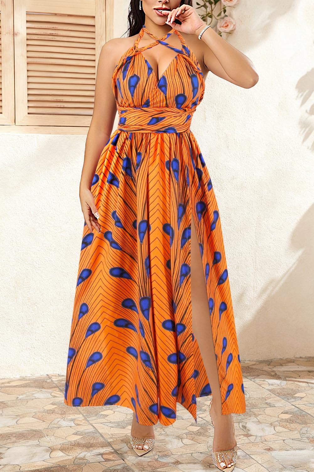 Vimoisa Women Sexy Boho African Long Maxi Dress V-Neck Multi-Way Pleated Floral Print Dresses - Image 2