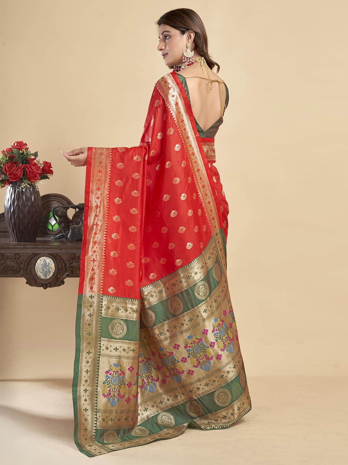 Satrani Women's Silk Banarasi Jacquard Saree With Unstitched Blouse Piece (3792S497N_Red & Golden)