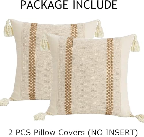 Miniatura 8 de Virexen Juego de 2 fundas de almohada bohemias de 18 x 18 pulgadas, fundas de almohada neutras de granja con borlas, fundas de almohada tejidas a