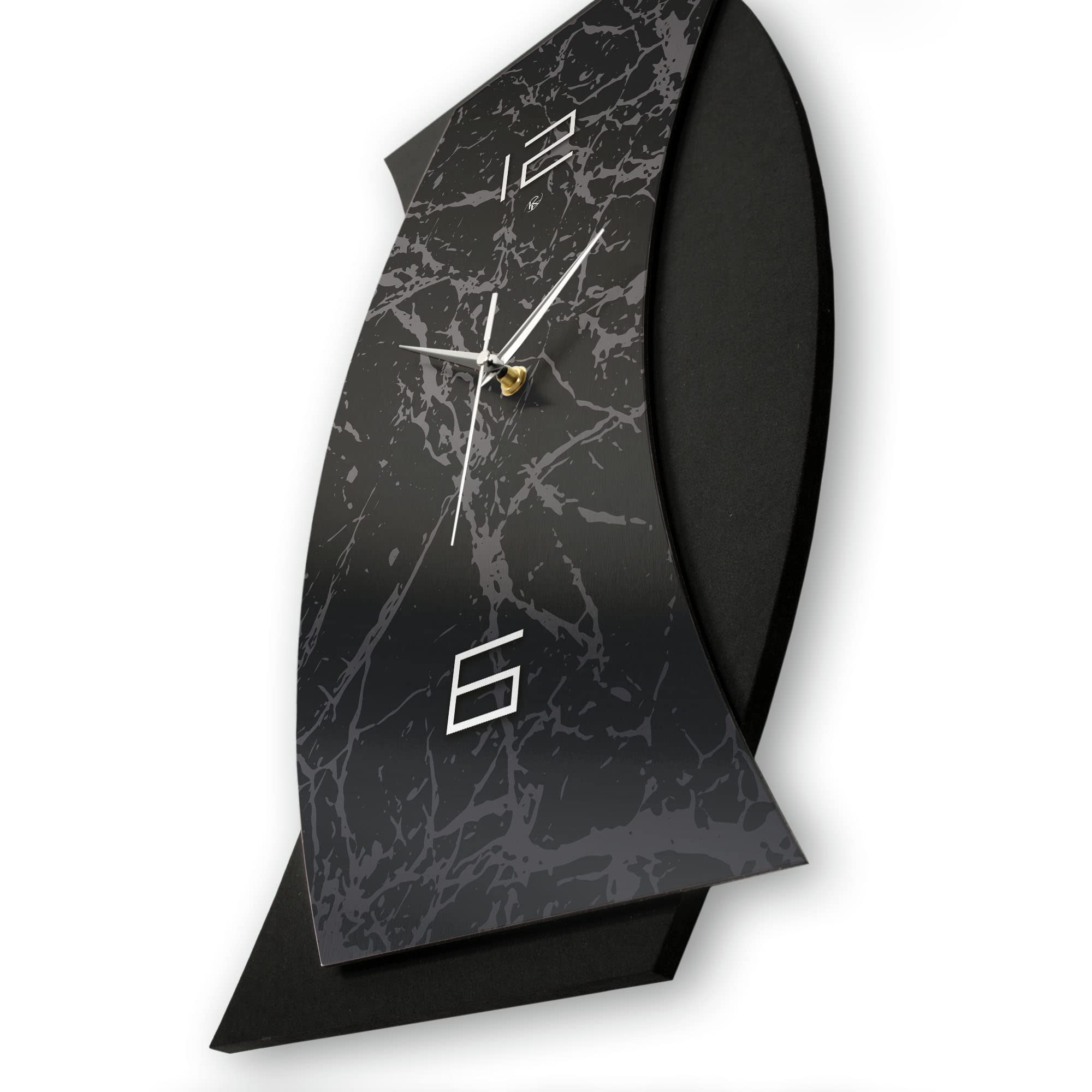 Kreative Feder 3D Designer-Wanduhr abstrakte Funkuhr 50x28cm Schwarz in modernem Metallic-Look ohne Tickgeräusche (Dark Pattern, leises Funkuhrwerk)