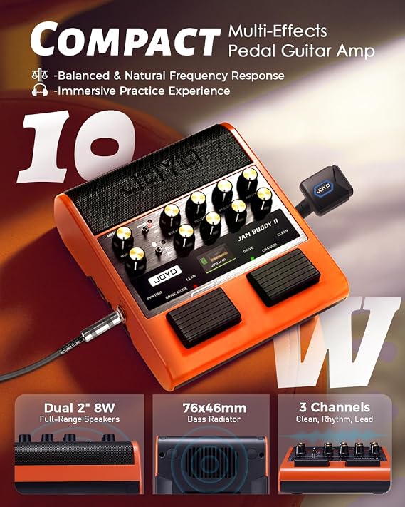 JOYO 10W Portable Guitar Practice Amp Multi-Effects Pedal Combo Amplifier with 3-Band EQ,OTG Recording,Looper & 15ft Audio Instrument Cable 1/4 Inch Straight Amp Cord(JAM Buddy II, Orange)
