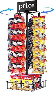 TJ.MOREE Chip Rack Display Stand, Chip Bag Holder for Party 360° Rotating 48 Clips Countertop Snack Hanger, Snack Retail Display Rack