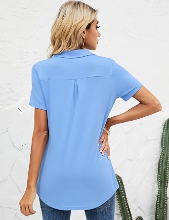 TFSDOD Womens Short Sleeve Polo T Shirts V Neck Business Casual Collared Button Down Tunics Office Work Tops with Pocket