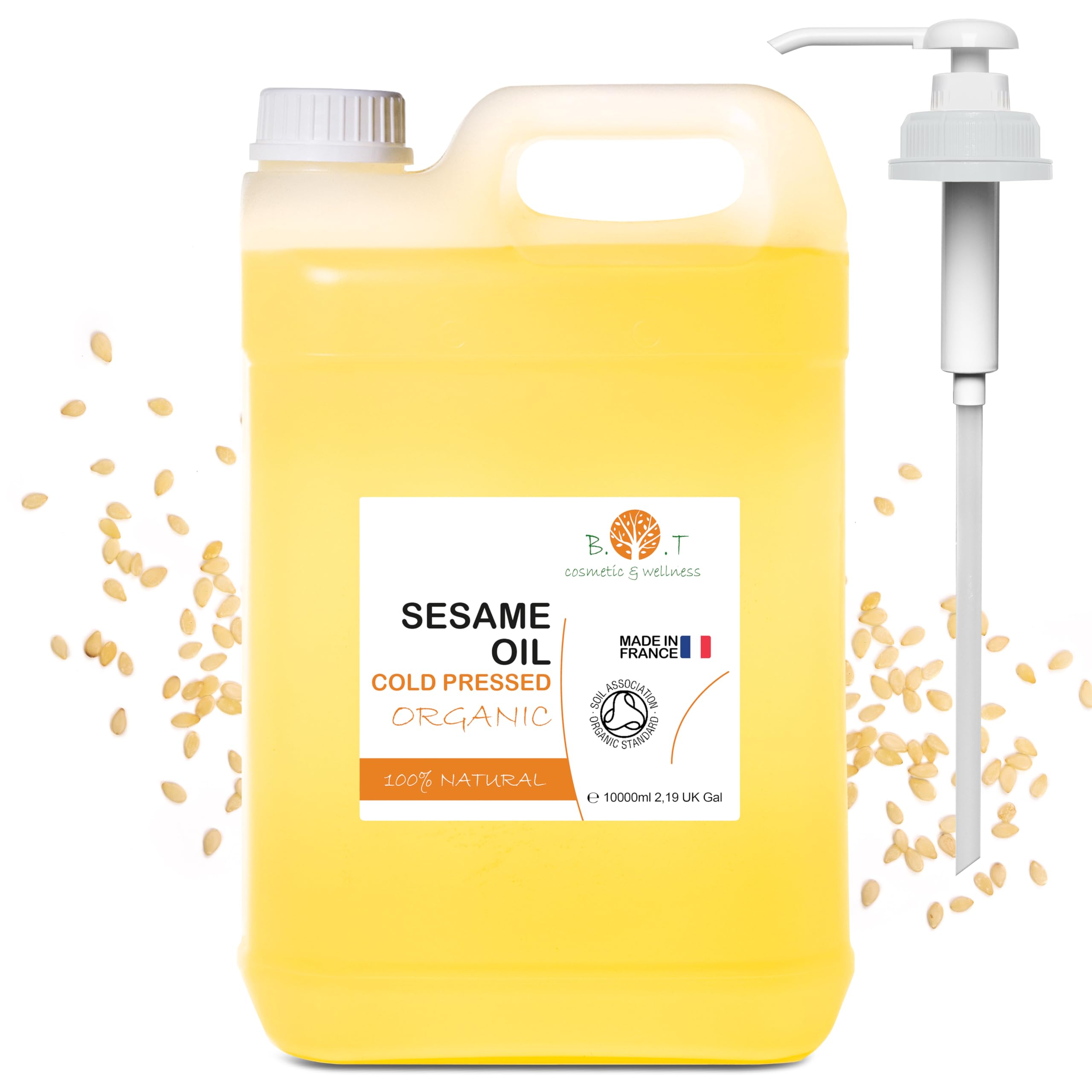 Aceite de Sésamo BIO 100% Puro. Presion en Frio de Semillas de Sesamo con Certificado Ecologico. Uso en Cosmetica Natural & Masaje Ayurveda 10000 ml 10 L