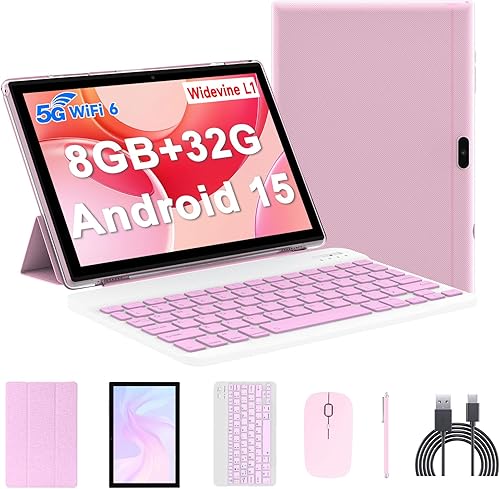 Android 15 Tablet, 10 Inch 8GB RAM+32GB ROM+1TB Expand, 1.8Ghz Quad-core Processor, 2 in 1 Tablets with Keyboard/ Mouse/ Case/ Stylus, 8MP Camera, 2