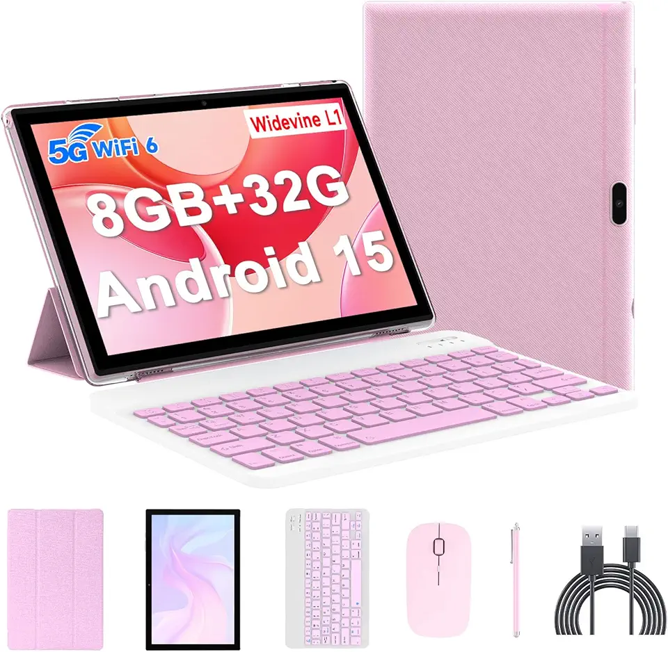 tablet Android 12 de 10,1 polegadas, tablets 2 em 1, 4 GB de RAM+64 GB ROM processador Quad-Core, tablet 1280 x 800 FHD com teclado/rato/capa/caneta ótica/película temperada, 8 MP câmara dupla 6000