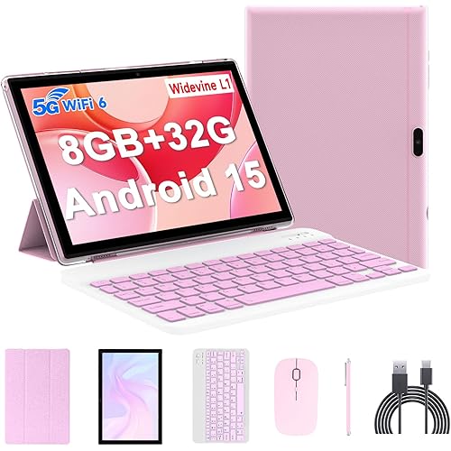 Android 15 Tablet, 10 Inch 8GB RAM+32GB ROM+1TB Expand, 1.8Ghz Quad-core Processor, 2 in 1 Tablets with Keyboard/ Mouse/ Case/ Stylus, 8MP Camera, 6000mAh Battery, 1280*800 HD Screen, 5G WiFi 6 Tablet