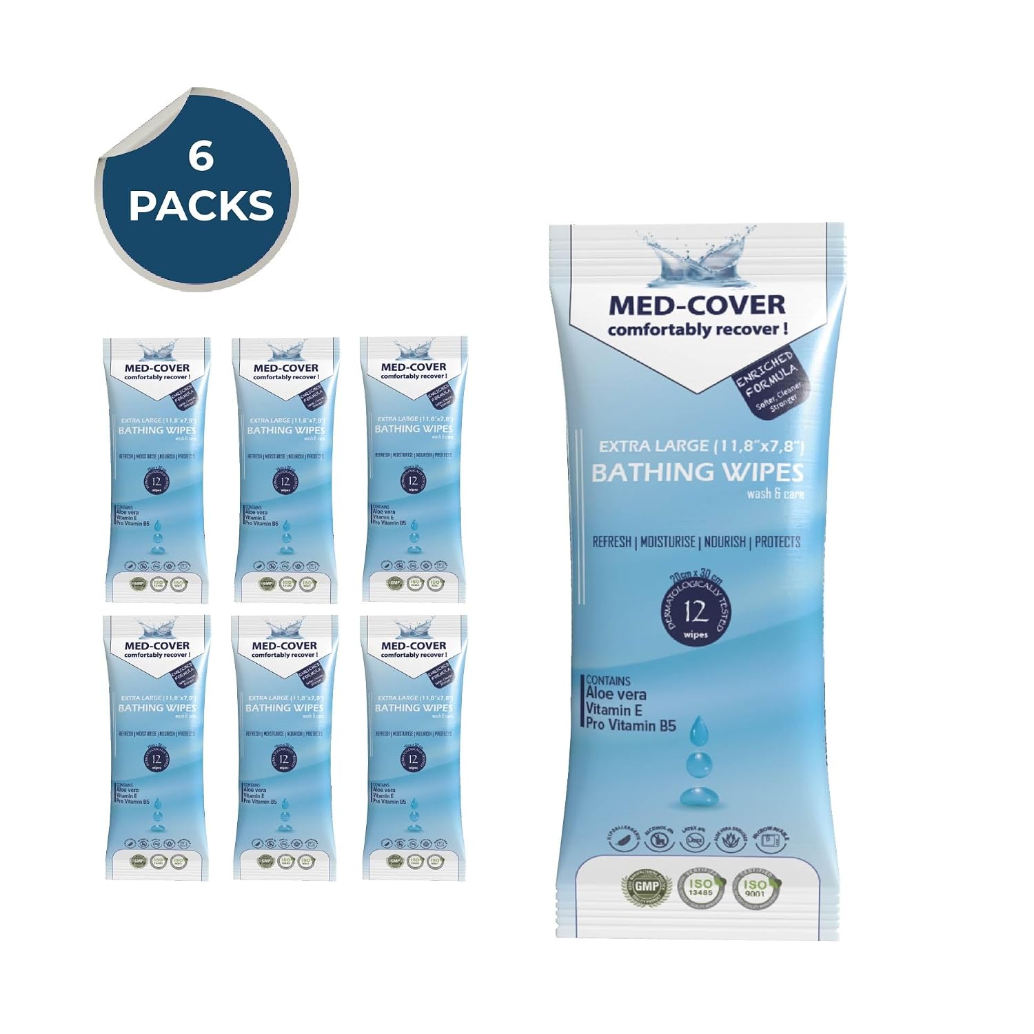 Extra Large (11,8" x 7,8") Rinse Bathing Wipes | No Rinse Total Body Clean, Care and Protection | Enriched with Barrier Effect | Rash Preveneter | Adult Bathing Wipes (6 Packs of 12 Wipes)