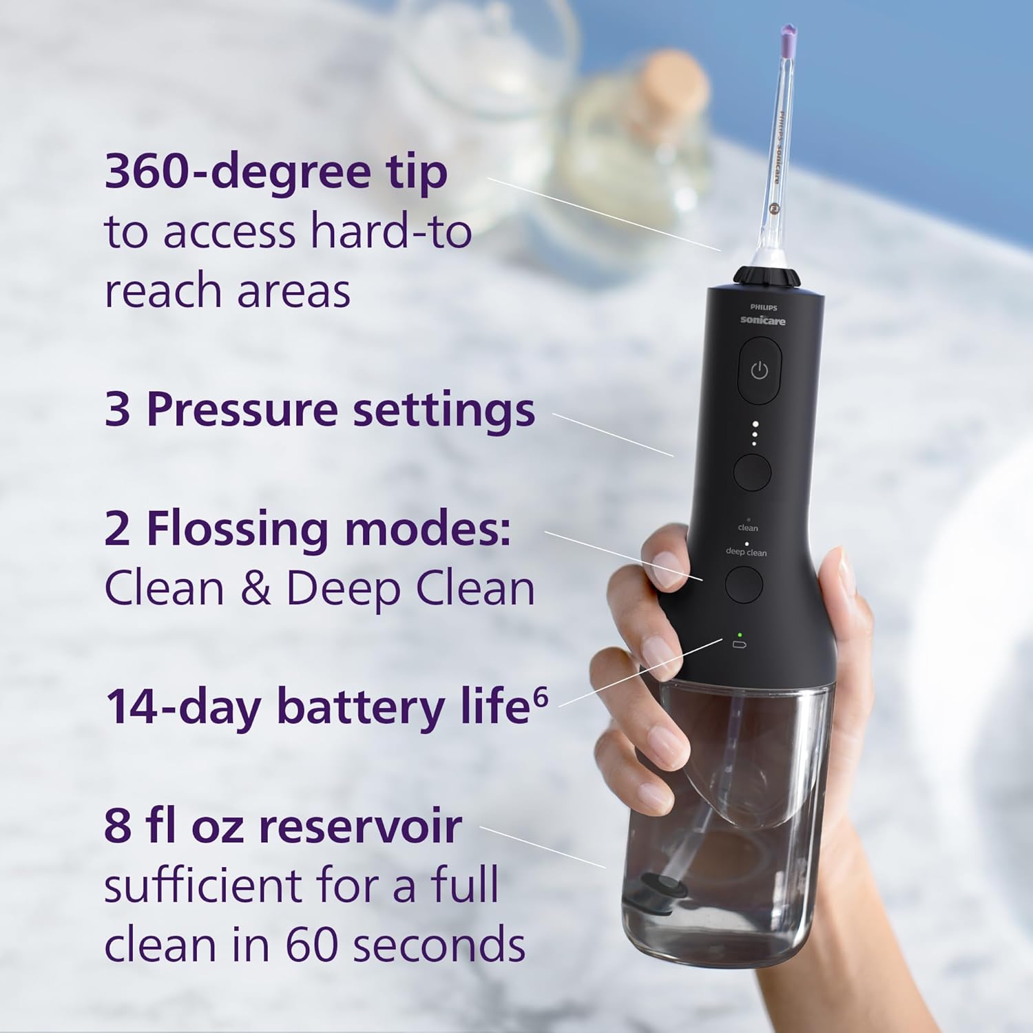 Philips Sonicare Cordless Power Flosser 3000 - Water Flosser with Innovative Quad Stream Technology, Oral Irrigator with 2 Flossing Modes and 3 Pressure Levels, IPX7 Waterproof, Black, HX3826/23 - Image 4