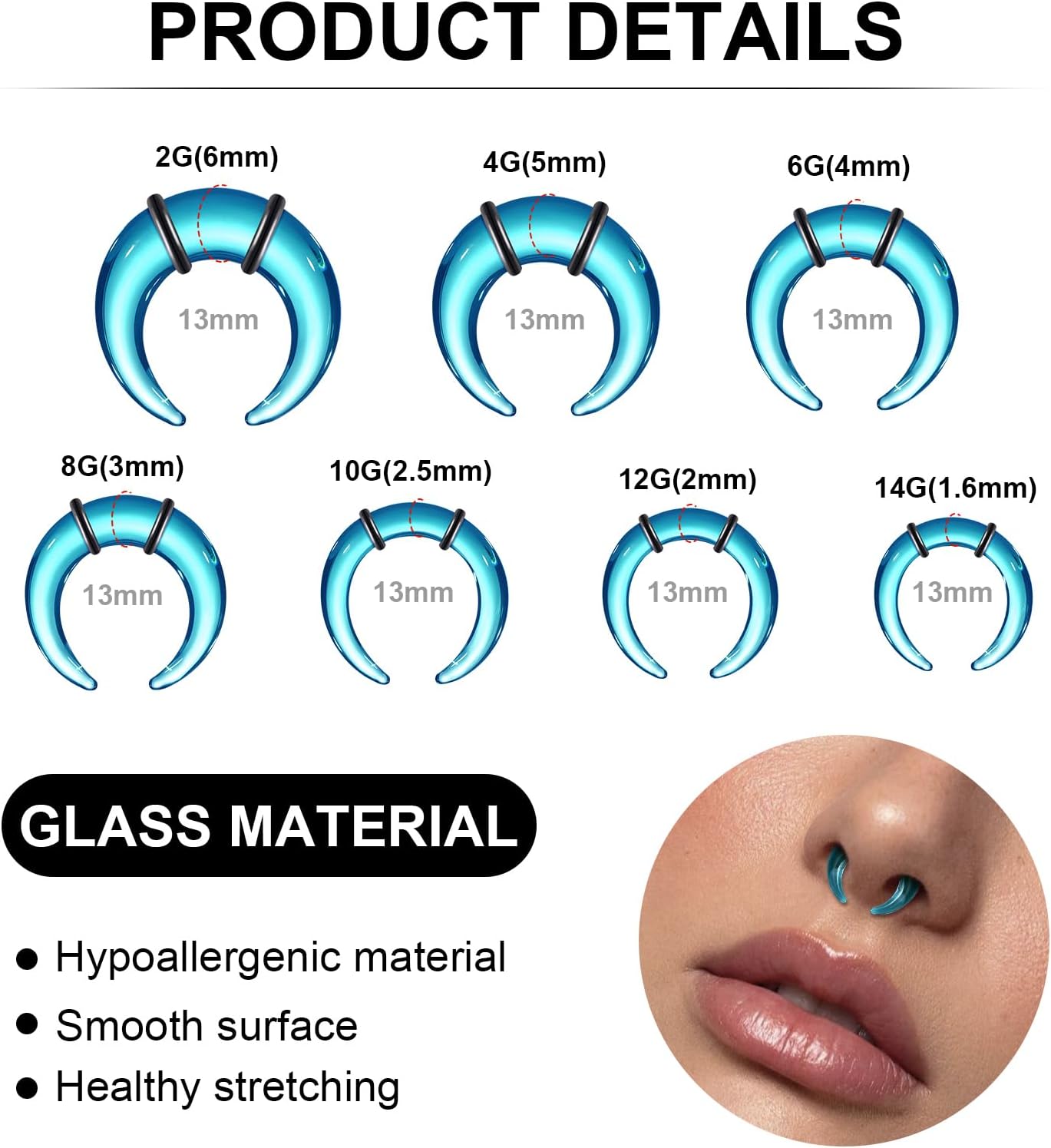 YOFANST 14pcs Glass Pinchers Septum Stretching Kit 14G to 2G C Shape Tapers Horseshoes Ear Gauges Expander Set Nose Stretching Kit Body Piercing Jewelry