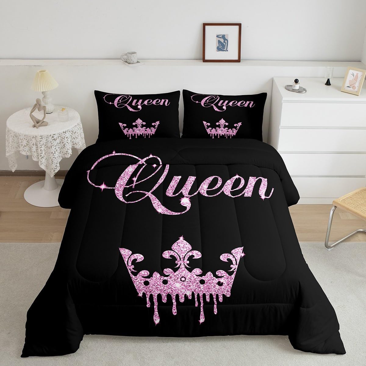 Feelyou Modern Queen Crown Comforter Set Queen Size Black and Pink Bedding Sets Teens Adults Couple Bed Set 3 Pieces Girls Boys Valentines Day Gifts Bedding All Season(No Glitter)