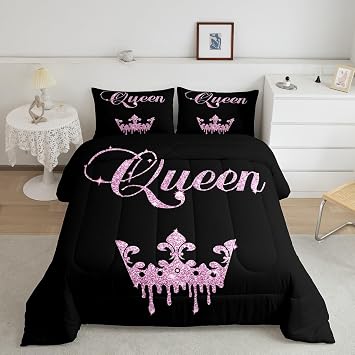 Feelyou Modern Queen Crown Comforter Set Full Size Black and Pink Bedding Sets Teens Adults Couple Bed Set 3 Pieces Girls Boys Valentines Day Gifts Bedding All SeasonNo Glitter