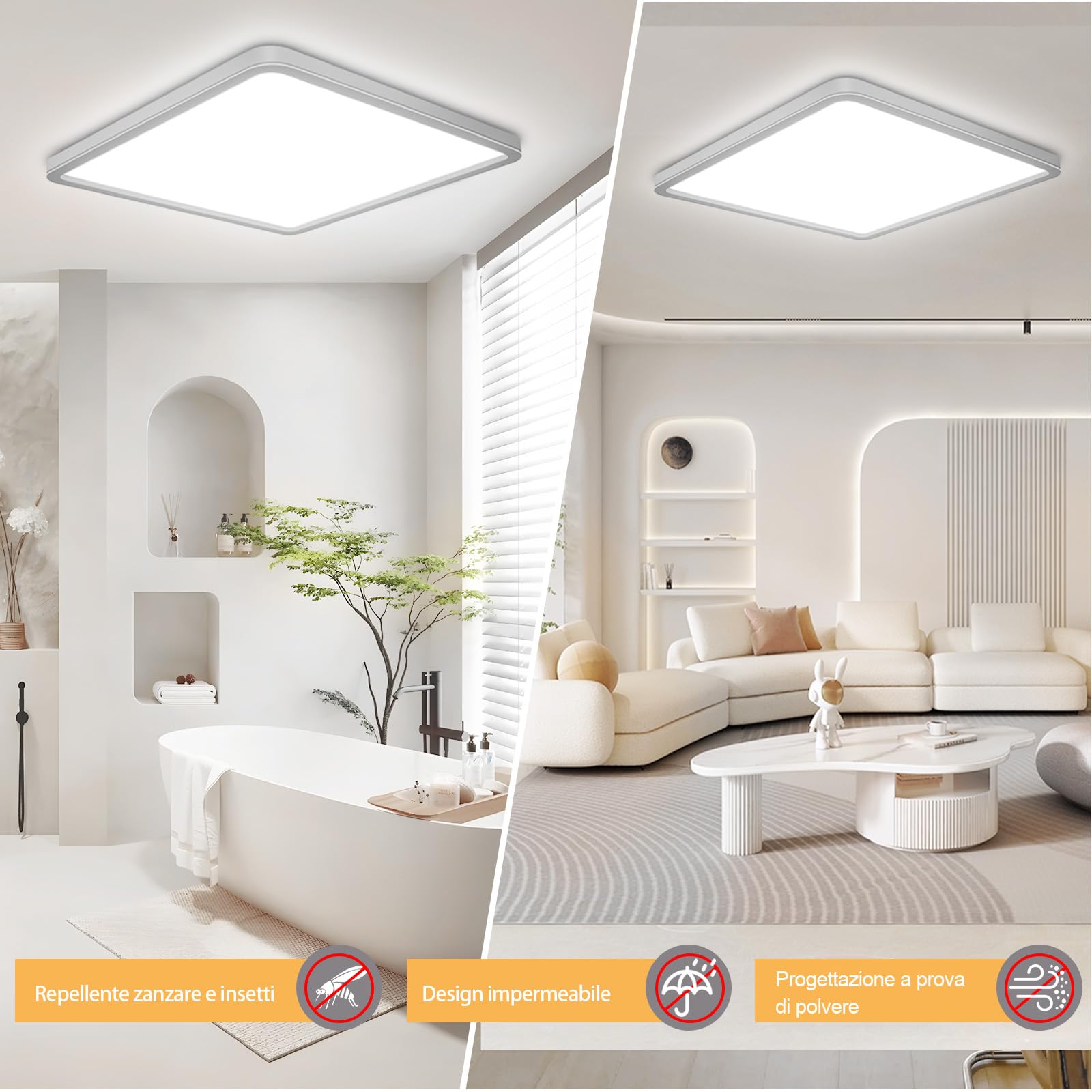 Plafoniera LED Soffitto Dimmerabile 24W, 3200LM Lampada da Soffitto, 6000K/4000K/3000K, IP54 Impermeabile Quadrata Plafoniere, Per Tutti Gli Ambienti Casa, Diametro Ø30CM, Bianco Confezione 2