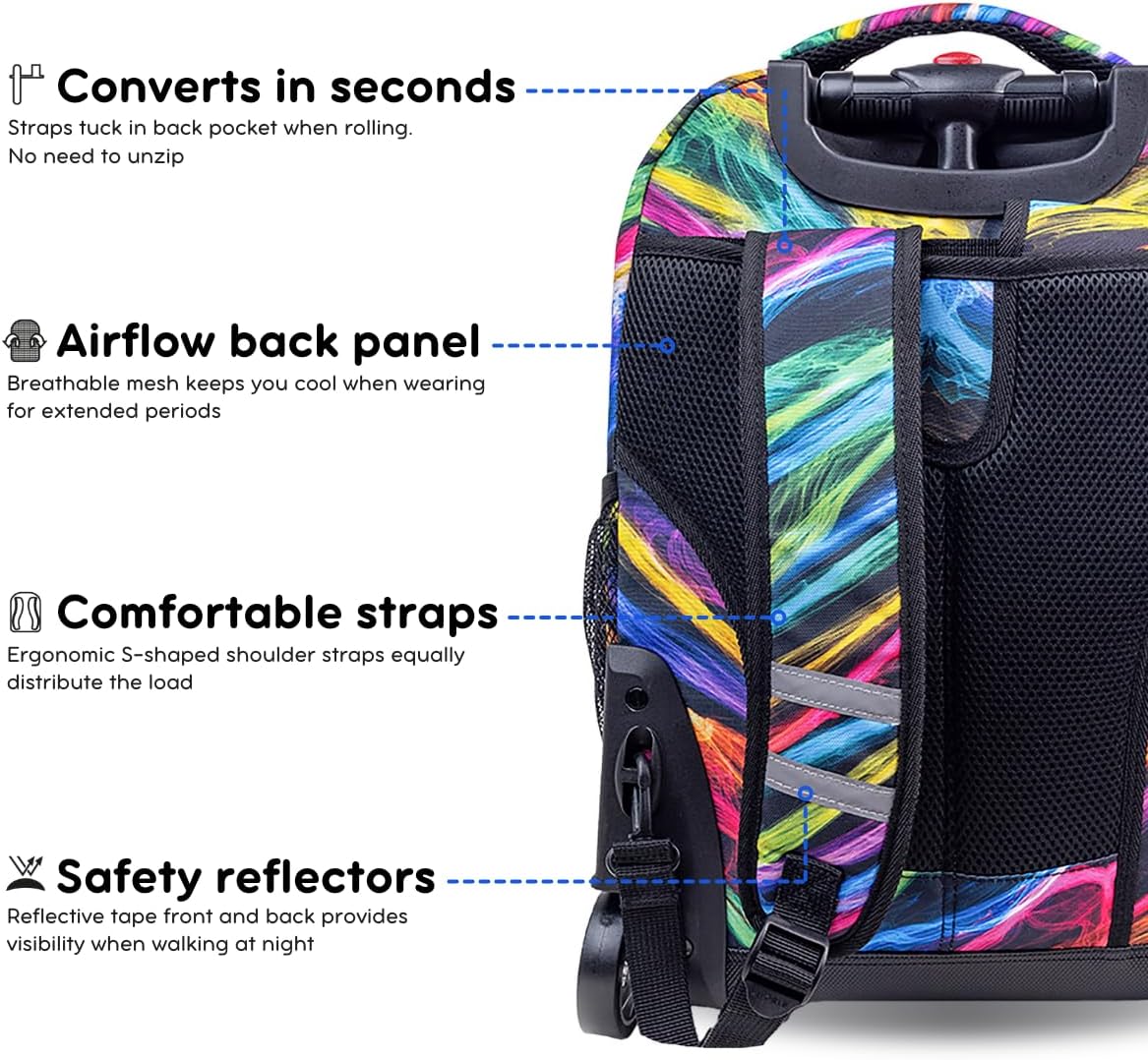 J World Sunrise Kids Rolling Backpack with Wheels for Girls Boys, Roller Bookbag for School, 18 x 13 x 9 Inches, Quantum