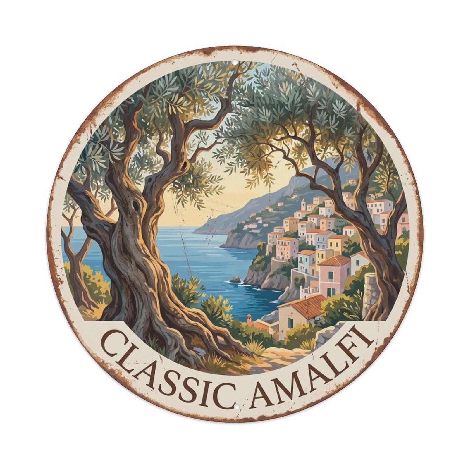 Retro Amalfi Olive Tree Mediterranean Coastal Village Metal Tin Sign Plaque Wall Decor for Cafe, Man Cave, Club Bar, Office, Home Garden Round Metal Poster 8x8Inch