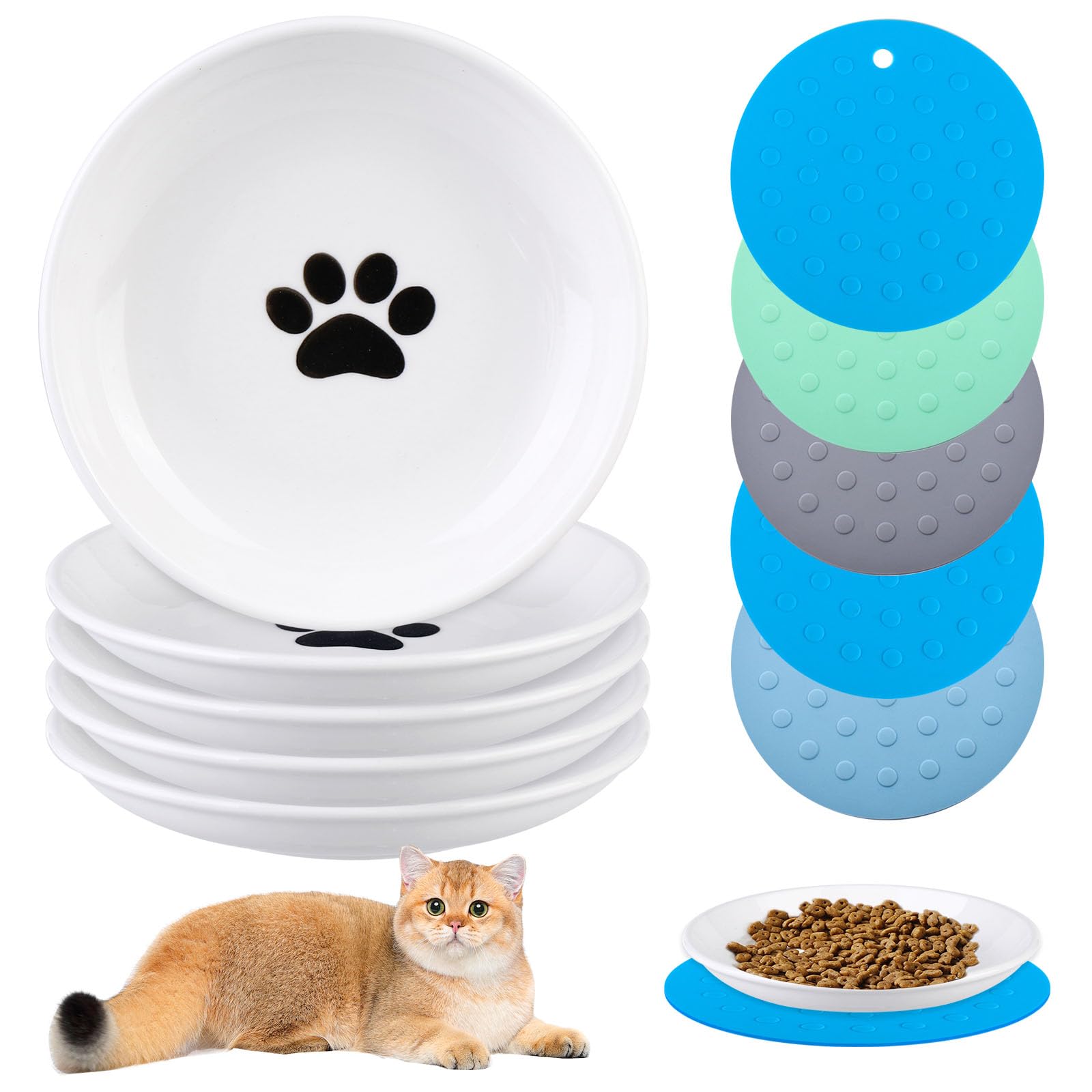 5 cuencos para gatos de cerámica, plato de comida para gatos de cerámica, cuencos para gatos, cuencos de cerámica con alfombrilla antideslizante, comedero húmedo para gatos, cuencos planos para