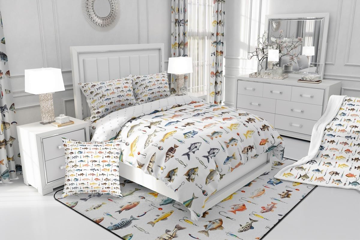 Feelyou Fish Bedding Set Twin Size Ocean Sea Animal Comforter Set with Sheets 7 Piece Fish Hook Fishing Theme Bed in a Bag Fishing and Hunting White Bed Set with Comforter,Sheets,Pillowcases