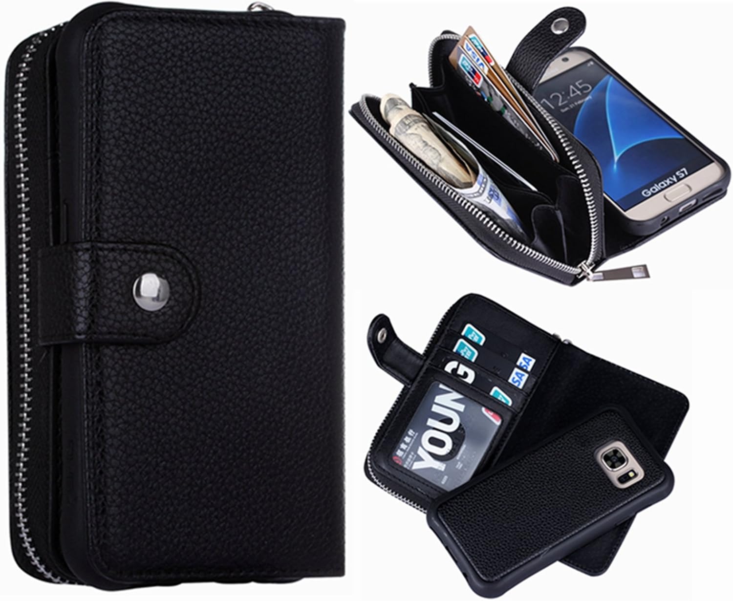 Hynice S7 Wallet Case, Magnetic Detachable S7 Wallet Purse Samsung Galaxy S7 Leather Folio Flip Slim Case with Zipper Credit Card Slots, Card Holder, Wrist Strap Wallet for Women Men(Lichi-Black)
