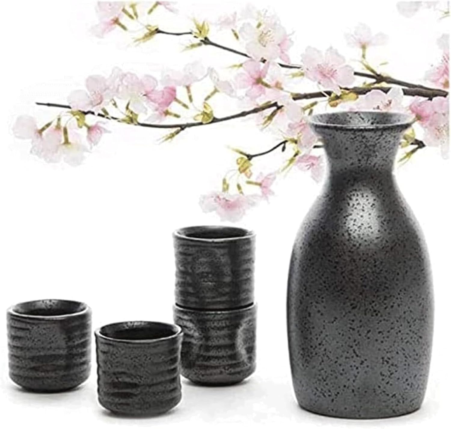Sake Drinkware Japanese Ceramic Sake Cup Set 4 Sake Cup with a Bottle Black 5 Pieces Pottery Sake Cup Set Sake Gift Set