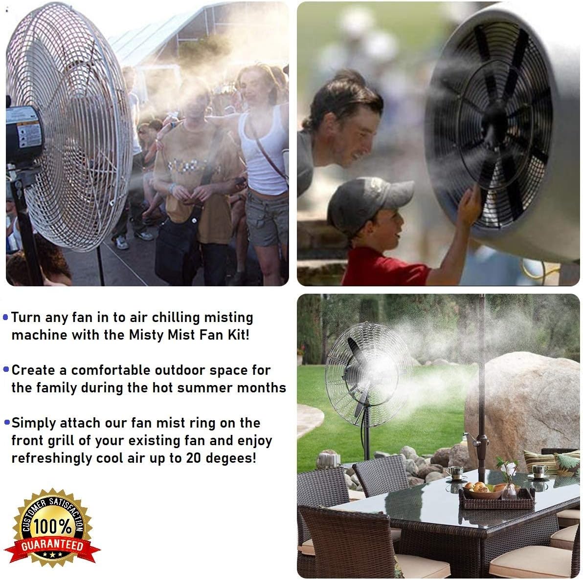 **Patent Pending* Fan Misting Kit For a Cool Patio Breeze - Leak Blocker Added, Turns Heat Down By 20 Degrees, Easy On the Wallet, Portable, Connects To Any Outdoor Fan