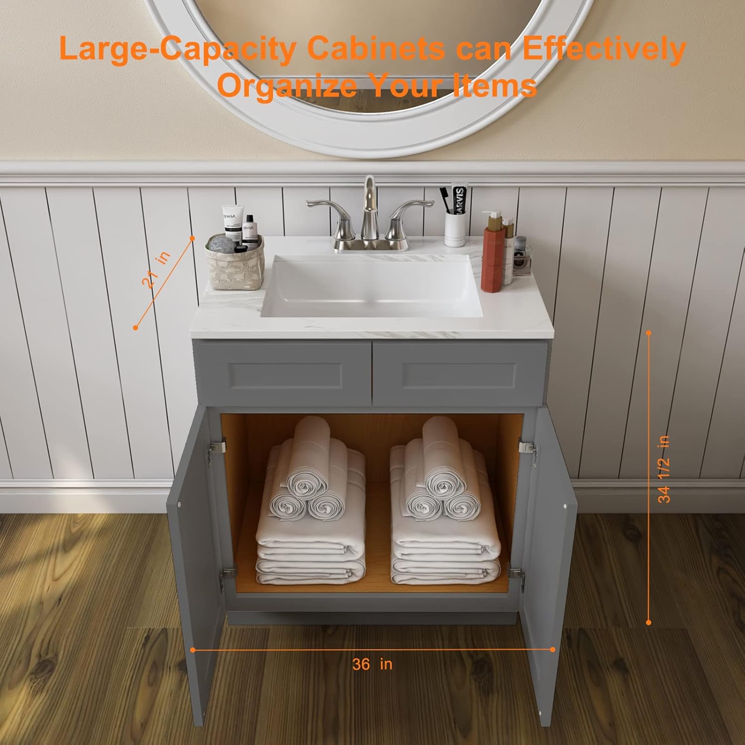 LOVMOR 36'' Bathroom Vanity, Kitchen Base Cabinet, Single Sink Storage Unit, Pedestal Sink Storage Cabinet, Large Capacity for Laundry Room, Kitchen, Shower Room & Utility Room, Shaker Grey