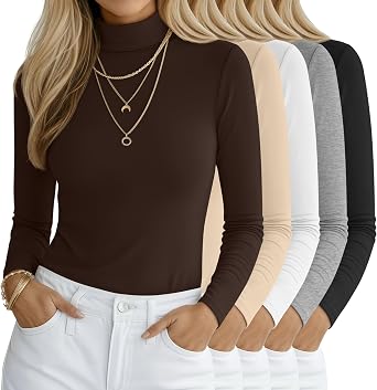 5 Pack Womens Turtleneck Tops, Long Sleeve Casual Shirt Slim Fit Base Layer Tees Stretch Fall Undershirts