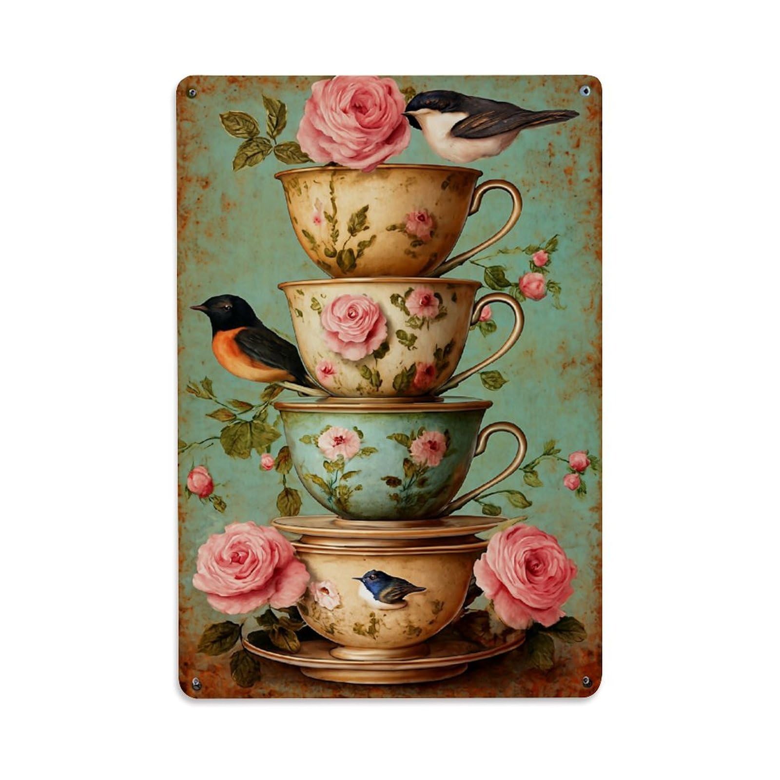 Nestemfo Vintage Floral Roses Birds Teacups Tin Sign Metal Sign, Living Room,Bar, Home, Bedroom Wall Decor,Retro Metal Poster 8X12 Inches