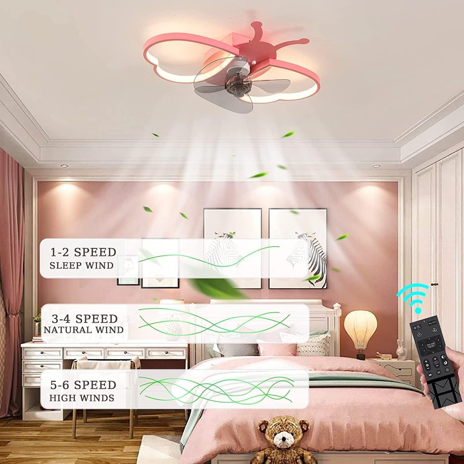 Modern Minimalist Butterfly Ceiling Fan Light 6-Speed Children's Ceiling Light with Fan Reversible Timer Ceiling Fan Lamp Led Dimmable Quiet Fan with Light for Boys Girls Bedroom/Pink