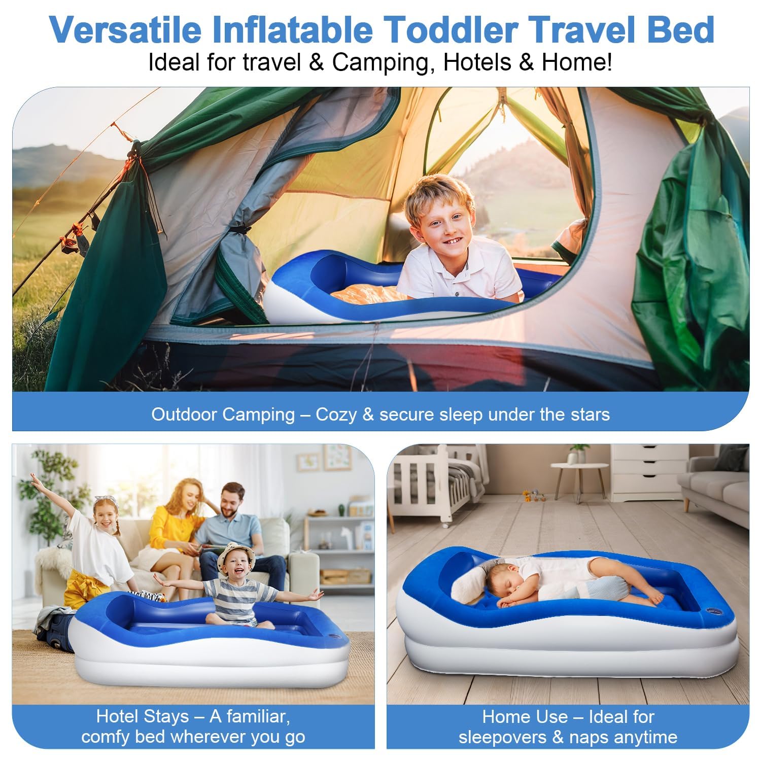 Aufblasbares Reisebett für Kleinkinder, tragbares Bodenbett mit Sicherheitsstoßstangen, aufblasbare Matratze für Camping, Zuhause und Übernachtungen, inklusive Pumpe und Tragetasche, für