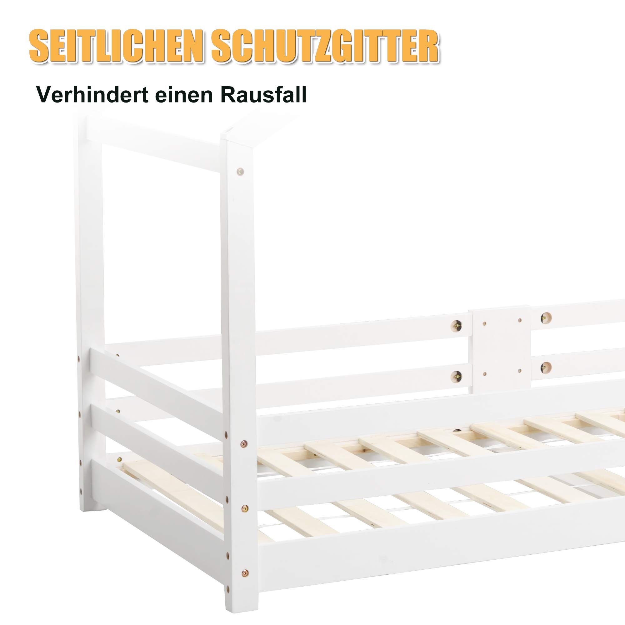 Kayan Kinderbett Hausbett mit Schornstein | Rausfallschutz| Robuste Lattenroste |Kiefernholz Haus Bett für Kinder, 90 x 200 cm (Weiß)