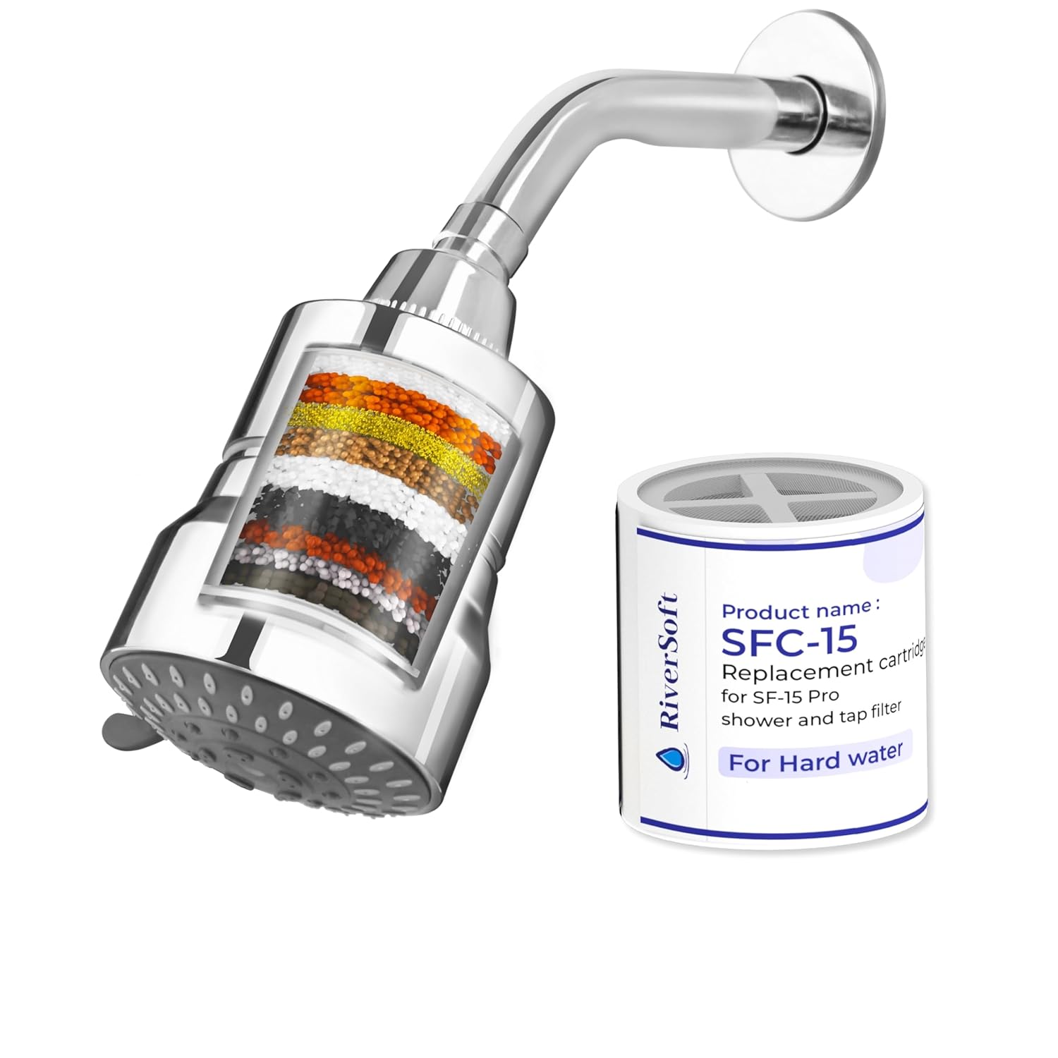 RiverSoft DIVA-03-C Showerhead Filter with 15-Stage Filtration, 3 Spray Settings, Chrome Finish, Includes Extra Cartridge, Wall-Mounted RiverSoft DIVA-03-C Showerhead Filter with 15-Stage Filtration, 3 Spray Settings, Chrome Finish, Includes Extra Cartridge, Wall-Mounted