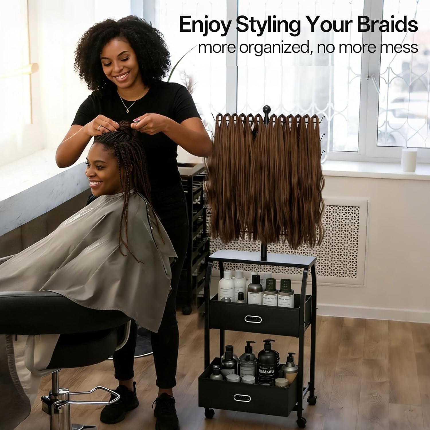 Portable Braiding Hair Rack With Wheels & Storage Drawers,168 Pegs Hair Extension Holder Hanger for Braiding Hair Separator Stand Display,Hair rack with stylist hair braiding tools(black)