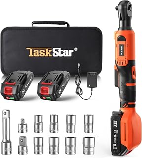 Cordless Electric Ratchet Wrench 3/8": 200 RPM, 60Ft-lbs Power Ratchet Set, 21V 2×2.0Ah Batteries w/ Charger, 8 Sockets, 1/4" & 1/2" Adapter, 3" Extension Bar, Carrying Bag -for Auto Repair, DIY