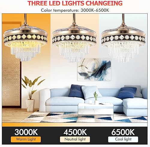 Miniatura 3 de Ventiladores de techo de cristal con luces, ventilador de techo retráctil inversa con control remoto, 6 velocidades, 3 luces LED, ventilador moderno