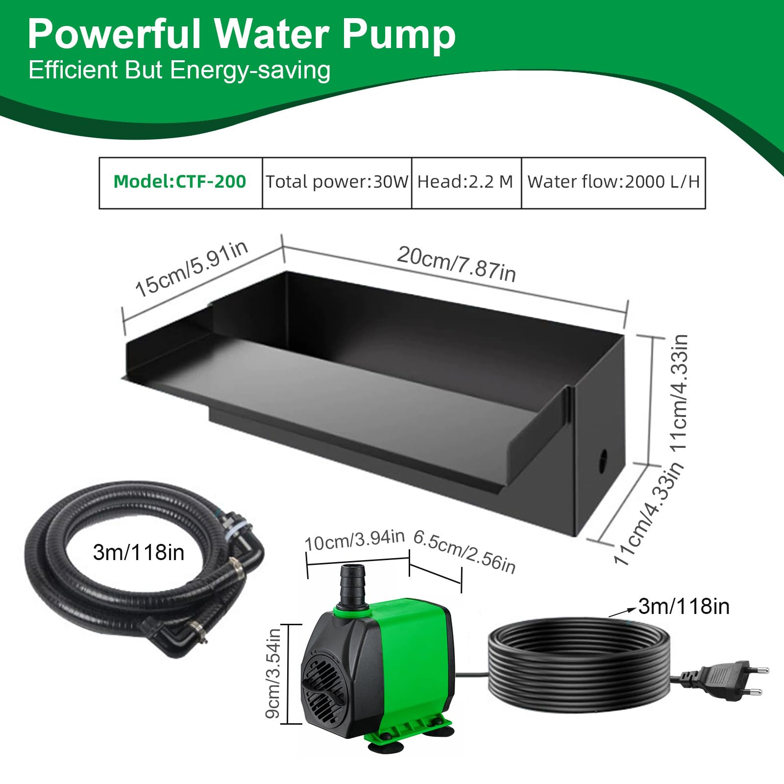 Set cascata per laghetto da giardino, in acciaio inox, pompa per laghetto con flusso d'acqua, set completo, filtro a cascata, fontana d'acqua (senza luci) (pompa da 20 cm, 30 W, 2000 l/h)