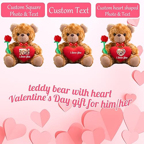 Miniatura 2 de Oso de peluche personalizado con foto y texto personalizado en el corazón, oso de peluche de San Valentín con lazo y rosa como regalo Im Sorry para