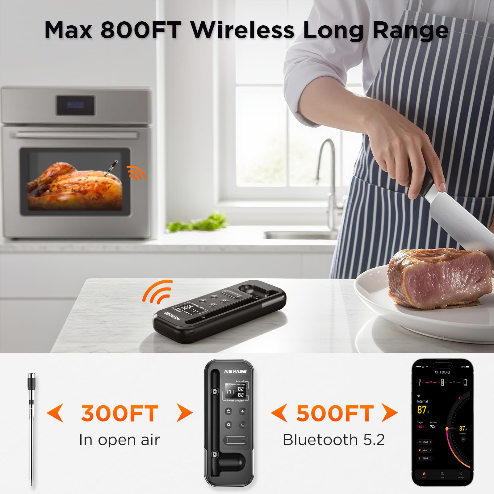 Newise Termómetro digital inalámbrico para carne, termómetro de alimentos Bluetooth de 800 pies para monitoreo remoto con base LCD recargable, alertas de aplicación inteligente, regalos para hombres