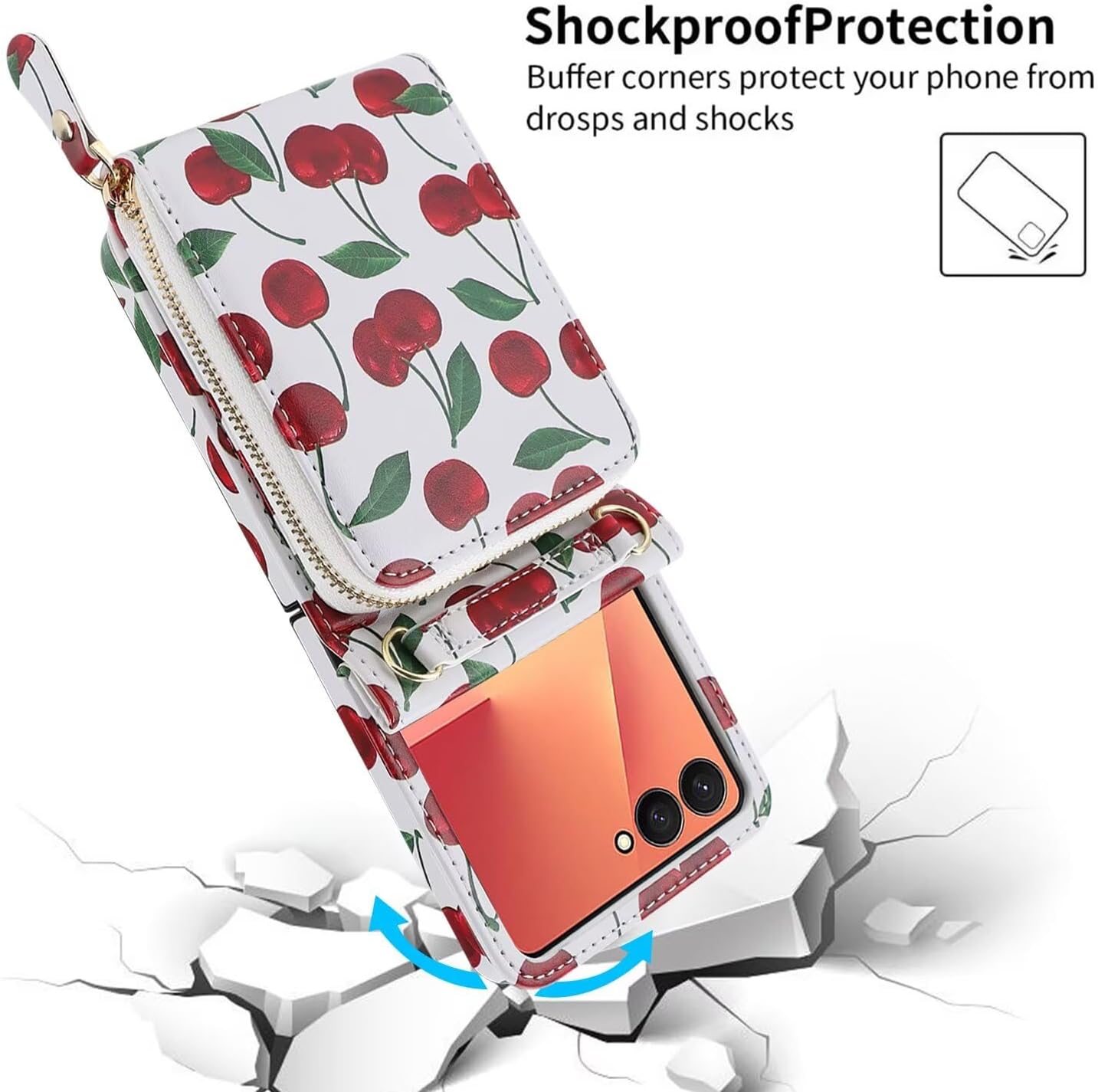 Phone Case for Samsung Galaxy Z Flip 7 Wallet Phone Cover, Zipper 8 Card Slots with Adjustable Crossbody Strap, PU Leather Fashion Card Holder Flower Pattern Cover for Women White Cherry