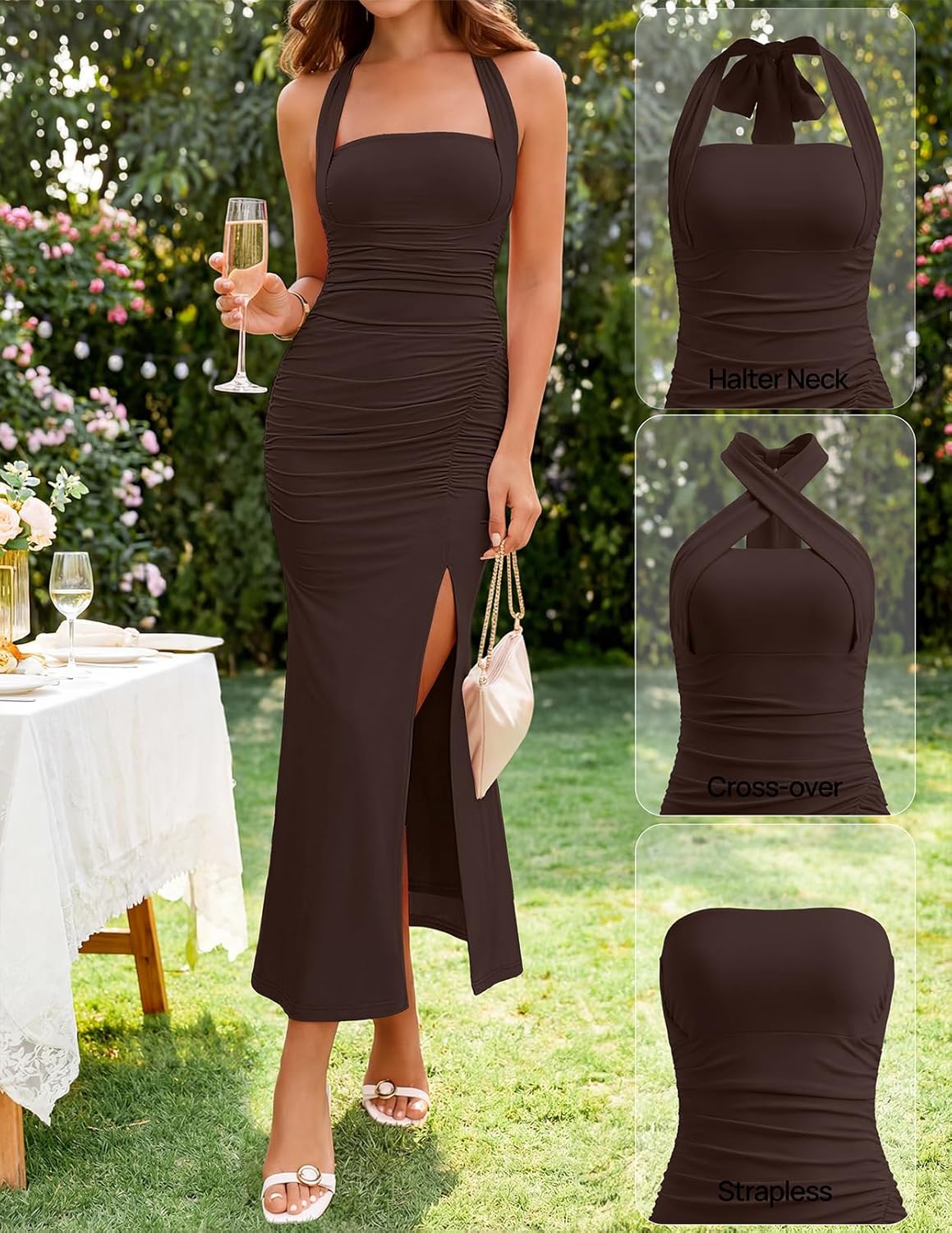 MEROKEETY Women's Wedding Guest Dress Summer Sleeveless Halter Backless Slit Ruched Beach Cocktail Formal Maxi Dresses