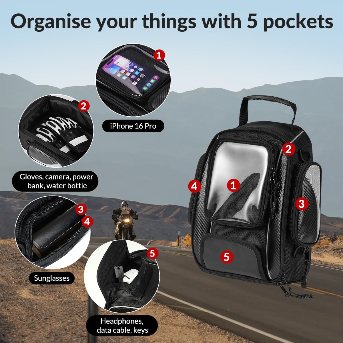 Motorcycle Tank Bag Universal Waterproof Oxford Fabric with Strong Magnetic，Magnetic Tank Bag, fits Harley Davidson, Indian, Honda, Yamaha, Suzuki and more