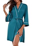 Women Kimono Robes Knee Length Knit Bathrobe Lightweight Soft Sleepwear V-neck Casual Ladies Loungewear