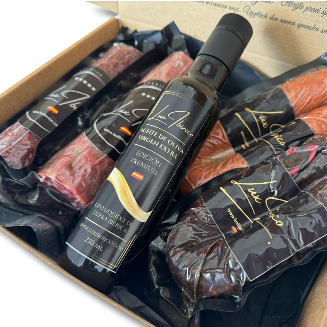 Caja Regalo Gourmet "Regina" - Embutido Ibérico, Morcilla y Aceite | Chorizo y salchichón ibérico de 500g, morcilla patatera, achorizada picante y aceite de oliva virgen extra.