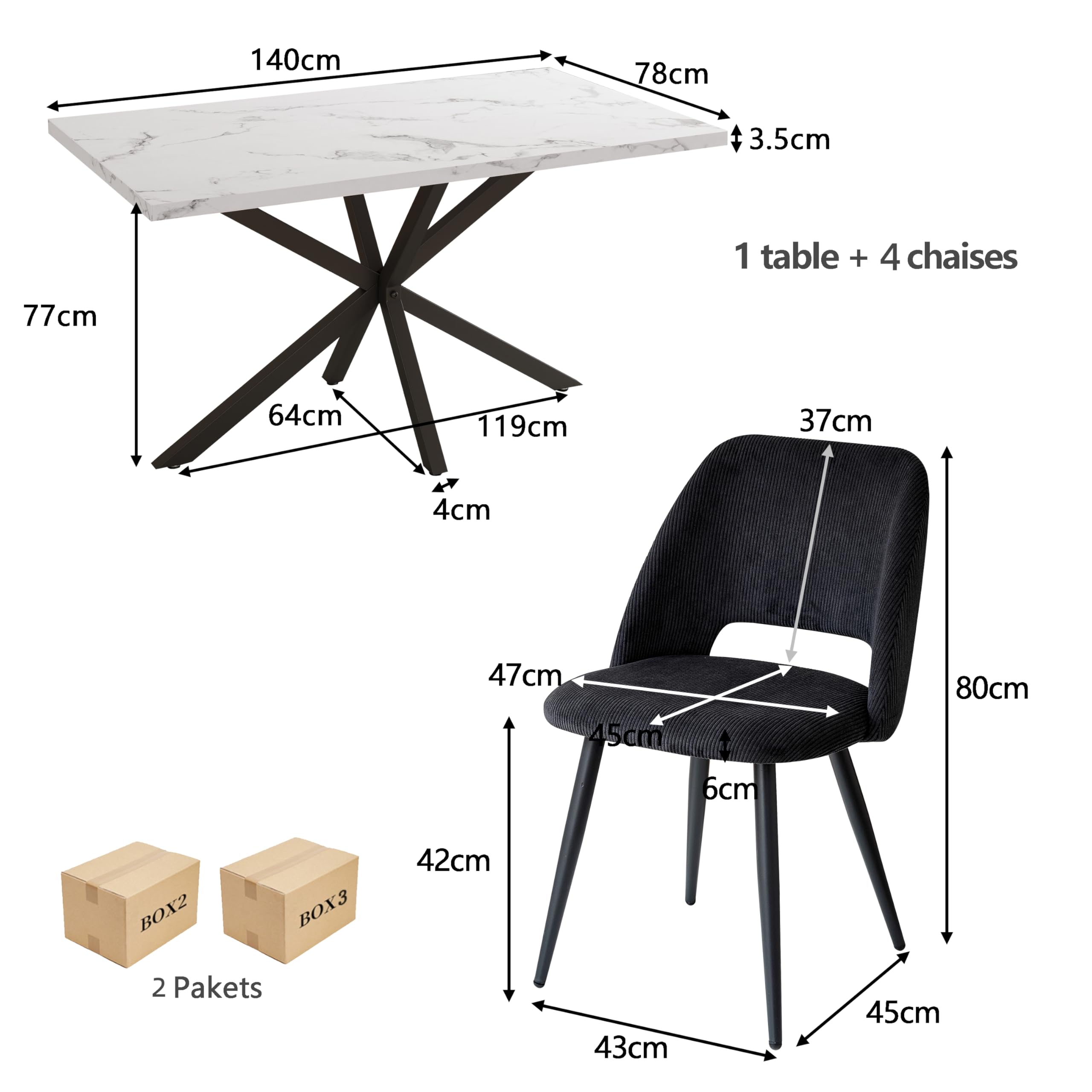 Esstisch und Stuhlset, 140 * 80 * 75 cm Rechteck MDF Esstisch, 4 Gepolsterte Küchenstühle aus Cord mit Hohlrückenlehne, für Esszimmer, Wohnzimmer, Küche (Marmormuster + Schwarz)
